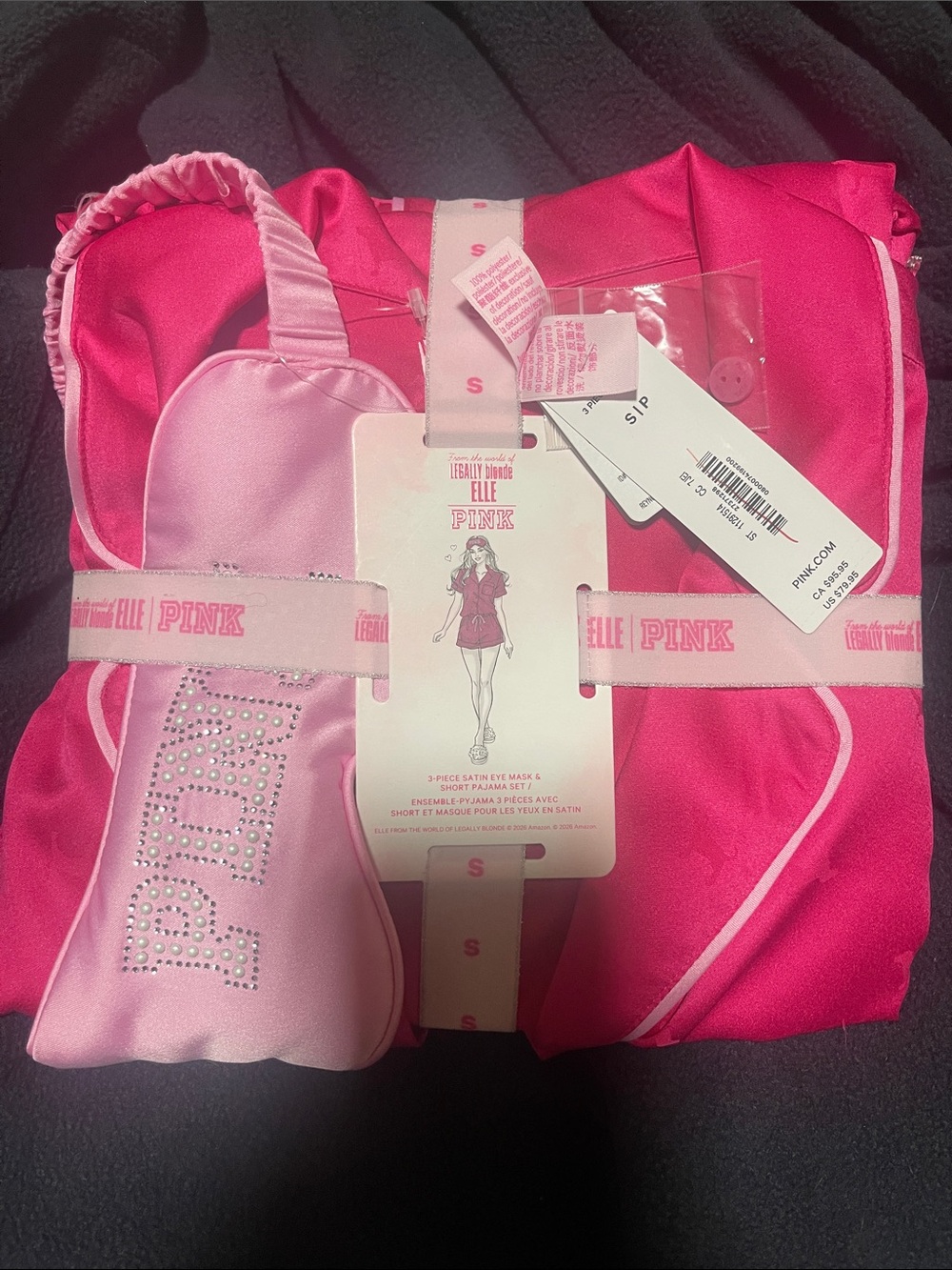 PINK Victoria's Secret “Elle”Hot Pink Satin Pajama Set with Embellished Eye Mask